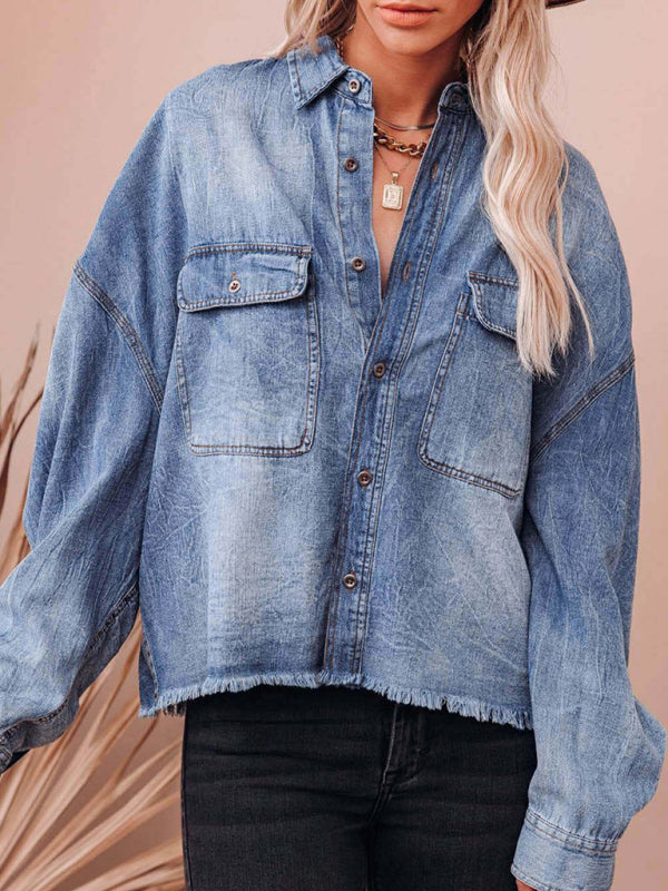 Shackets - Trendy Distressed Denim Shacket with Frayed Details