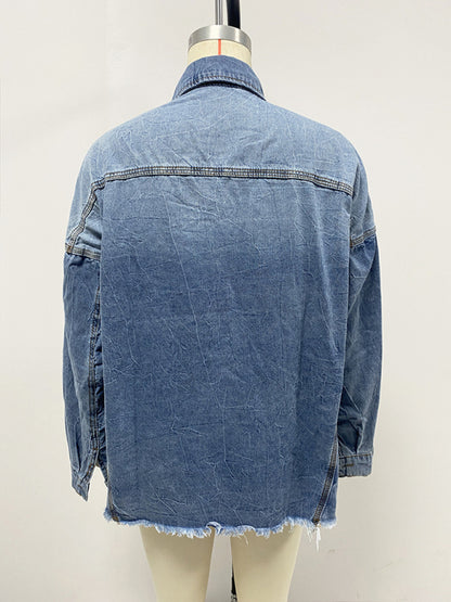 Shackets - Trendy Distressed Denim Shacket with Frayed Details