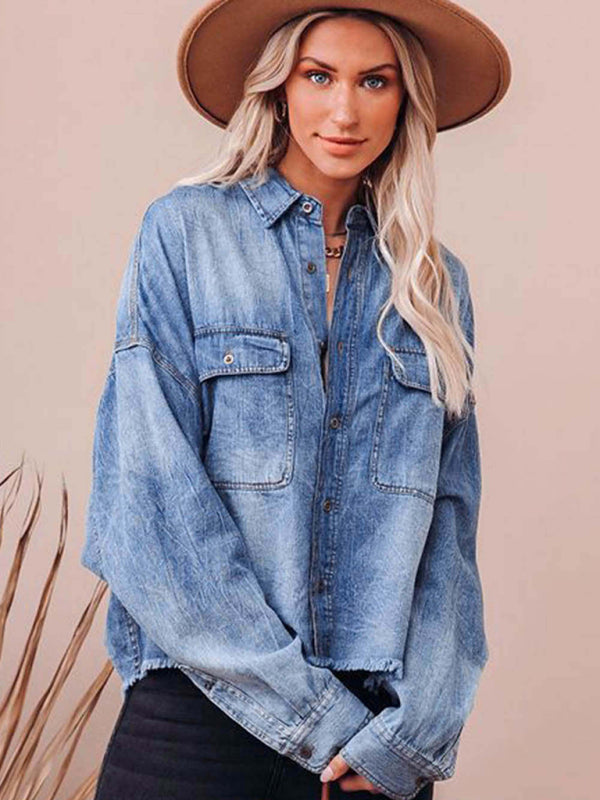 Shackets - Trendy Distressed Denim Shacket with Frayed Details