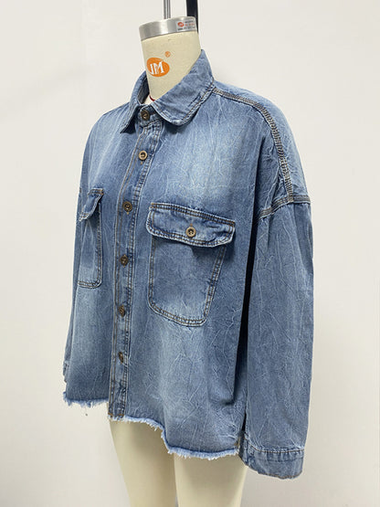 Shackets - Trendy Distressed Denim Shacket with Frayed Details