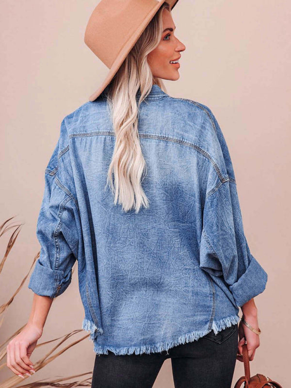 Shackets - Trendy Distressed Denim Shacket with Frayed Details