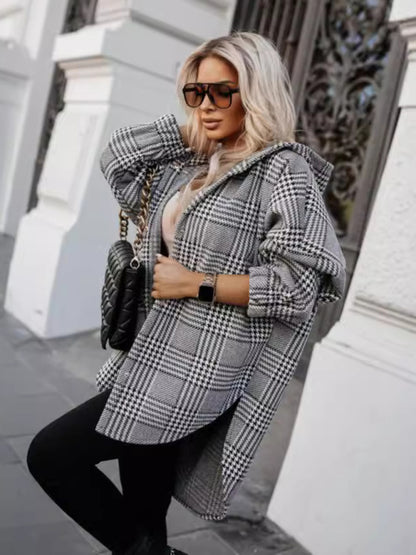 Shackets - Plaid Hooded Shacket for Fall Houndstooth Shirt Jacket