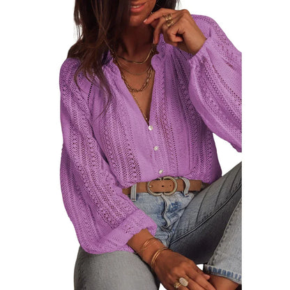 Shirt Blouses - Cotton Lantern Sleeve Shirt Boho Hollow Blouse for Women