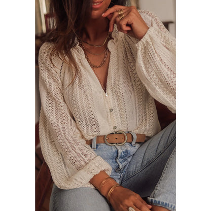 Shirt Blouses - Cotton Lantern Sleeve Shirt Boho Hollow Blouse for Women