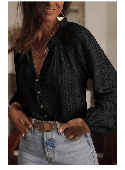 Shirt Blouses - Cotton Lantern Sleeve Shirt Boho Hollow Blouse for Women