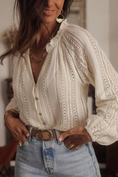 Shirt Blouses - Cotton Lantern Sleeve Shirt Boho Hollow Blouse for Women