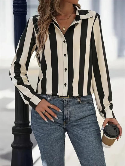 Shirt Blouses - Sleek Black & White Stripe Work Top