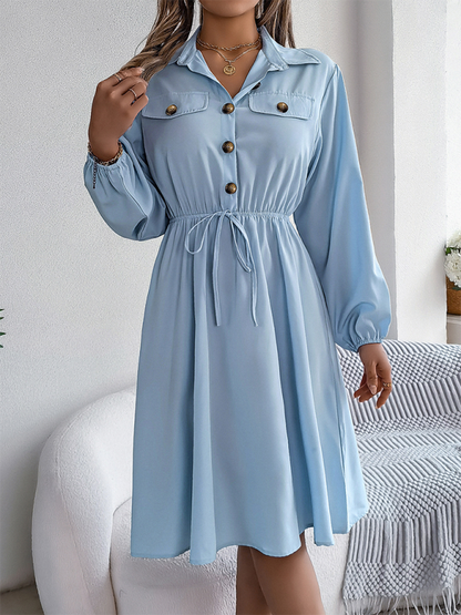 Shirt Dress- Solid Shirt Dress Knee Length with Bishop Sleeves