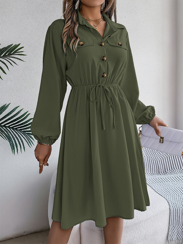 Shirt Dress- Solid Shirt Dress Knee Length with Bishop Sleeves