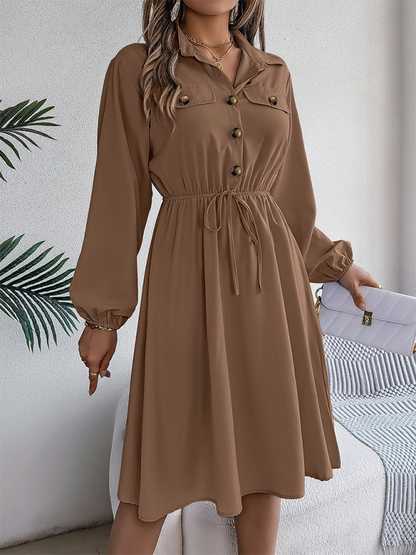 Shirt Dress- Solid Shirt Dress Knee Length with Bishop Sleeves