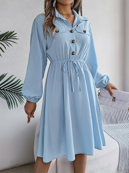 Shirt Dress- Solid Shirt Dress Knee Length with Bishop Sleeves