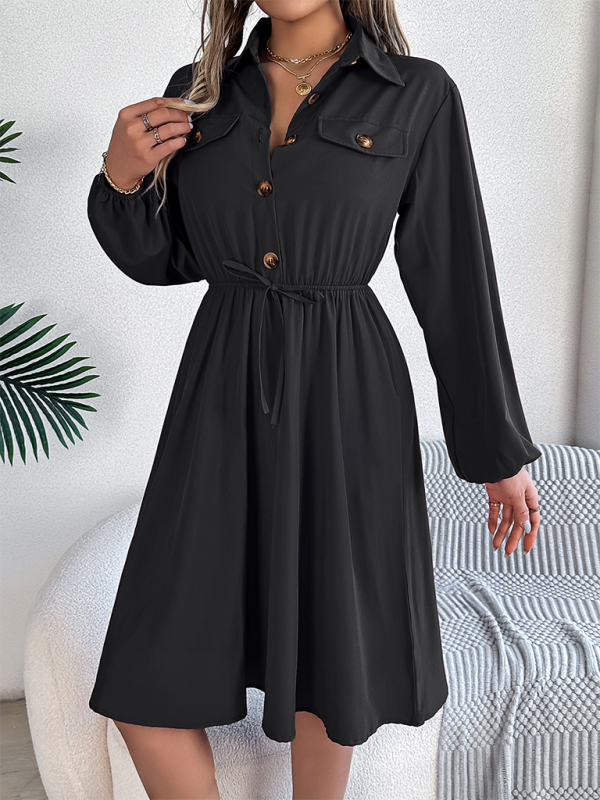 Shirt Dress- Solid Shirt Dress Knee Length with Bishop Sleeves