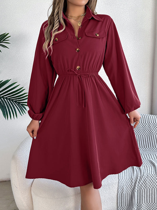 Shirt Dress- Solid Shirt Dress Knee Length with Bishop Sleeves