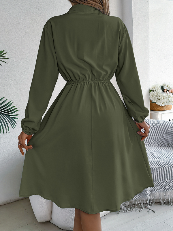 Shirt Dress- Solid Shirt Dress Knee Length with Bishop Sleeves