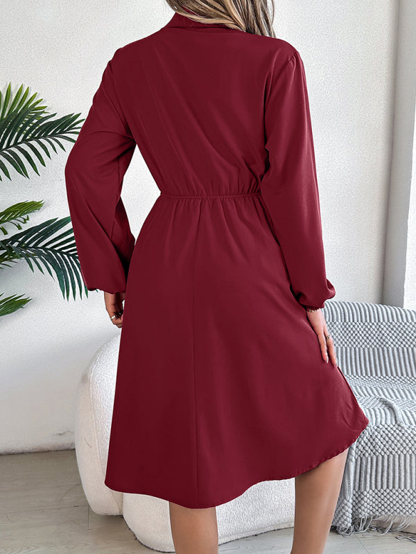 Shirt Dress- Solid Shirt Dress Knee Length with Bishop Sleeves