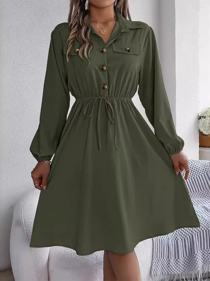 Shirt Dress- Solid Shirt Dress Knee Length with Bishop Sleeves