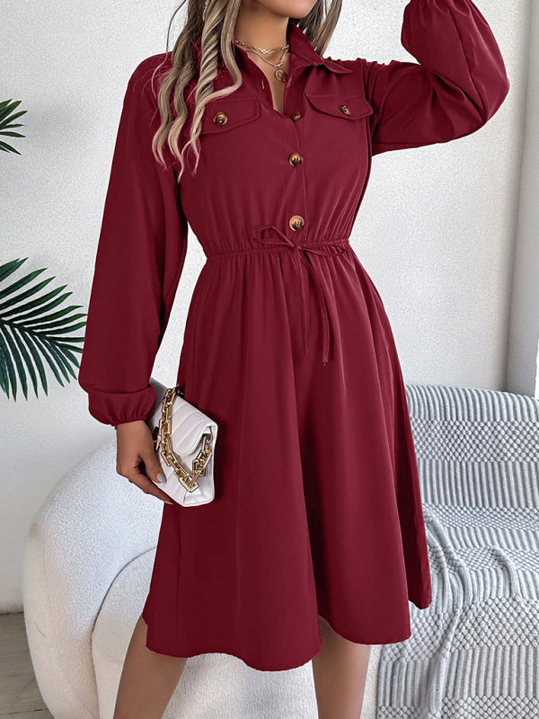 Shirt Dress- Solid Shirt Dress Knee Length with Bishop Sleeves