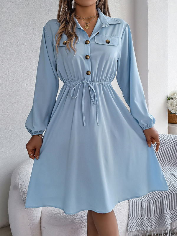 Shirt Dress- Solid Shirt Dress Knee Length with Bishop Sleeves