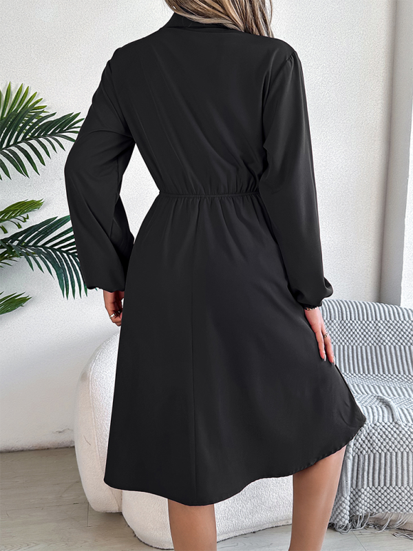 Shirt Dress- Solid Shirt Dress Knee Length with Bishop Sleeves