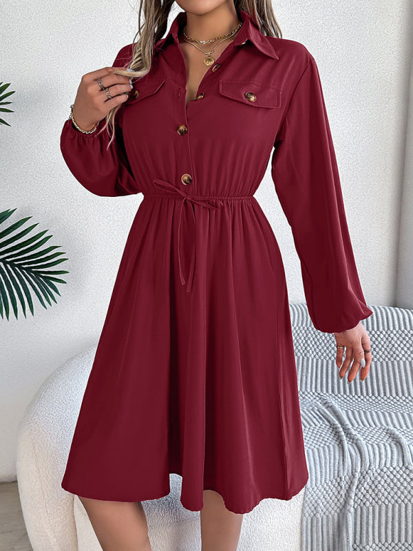 Shirt Dress- Solid Shirt Dress Knee Length with Bishop Sleeves