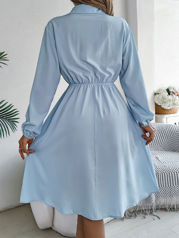 Shirt Dress- Solid Shirt Dress Knee Length with Bishop Sleeves