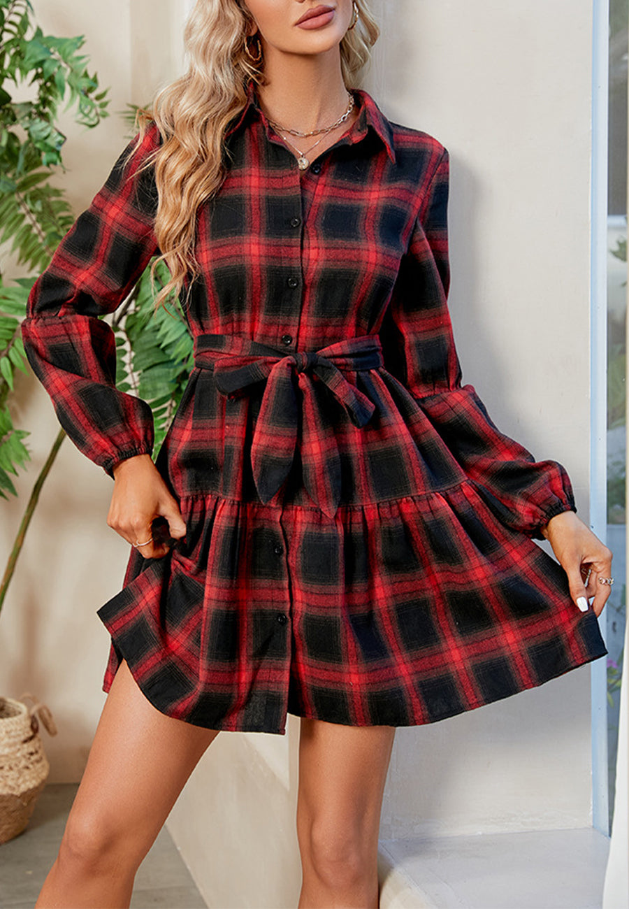 Shirt Dresses- Autumn Plaid Collared Ruffle Tie-Waist Shirt Dress- - Pekosa Women Clothing