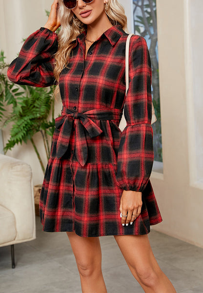 Shirt Dresses- Autumn Plaid Collared Ruffle Tie-Waist Shirt Dress- - Pekosa Women Clothing