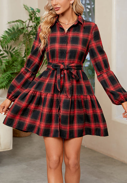 Shirt Dresses- Autumn Plaid Collared Ruffle Tie-Waist Shirt Dress- - Pekosa Women Clothing