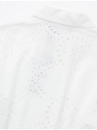 Shirt Dresses- Embroidered Cotton Eyelet Belted Shirt Dress