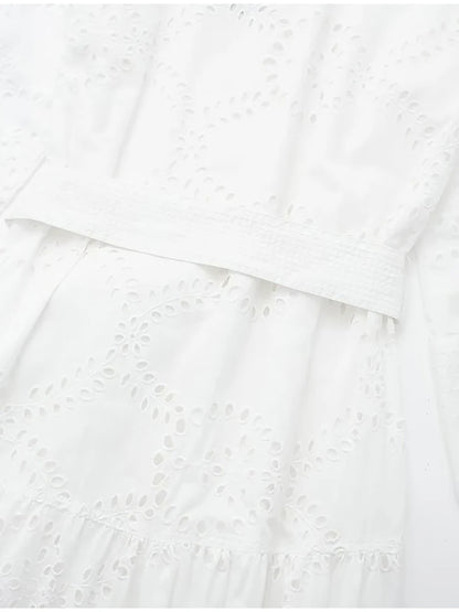 Shirt Dresses- Embroidered Cotton Eyelet Belted Shirt Dress