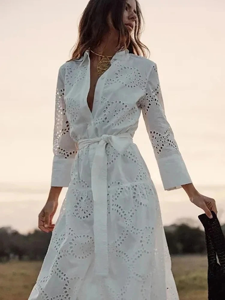 Shirt Dresses- Embroidered Cotton Eyelet Belted Shirt Dress