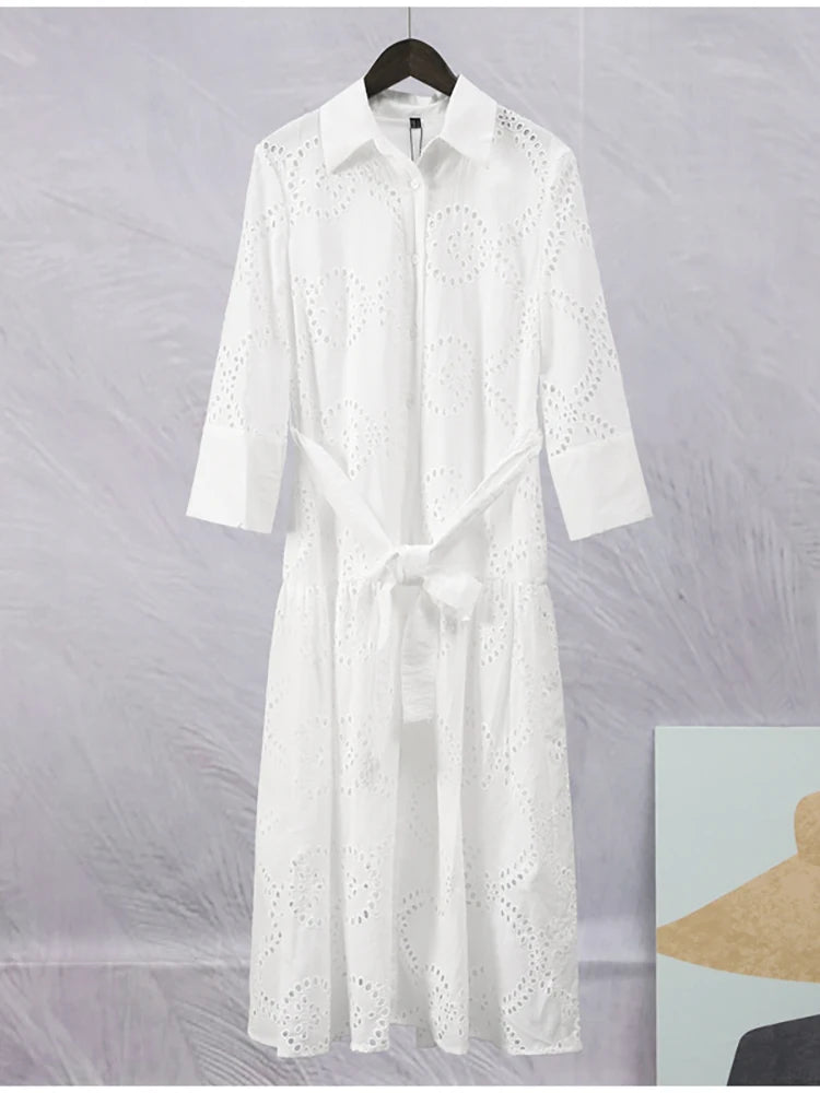 Shirt Dresses- Embroidered Cotton Eyelet Belted Shirt Dress