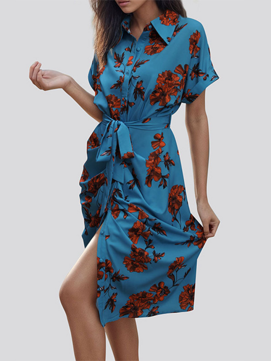 Floral Women's Sheath Midi Dress with Short Sleeves and Belt