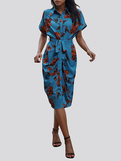 Floral Women's Sheath Midi Dress with Short Sleeves and Belt