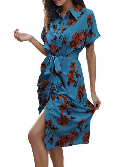 Floral Women's Sheath Midi Dress with Short Sleeves and Belt