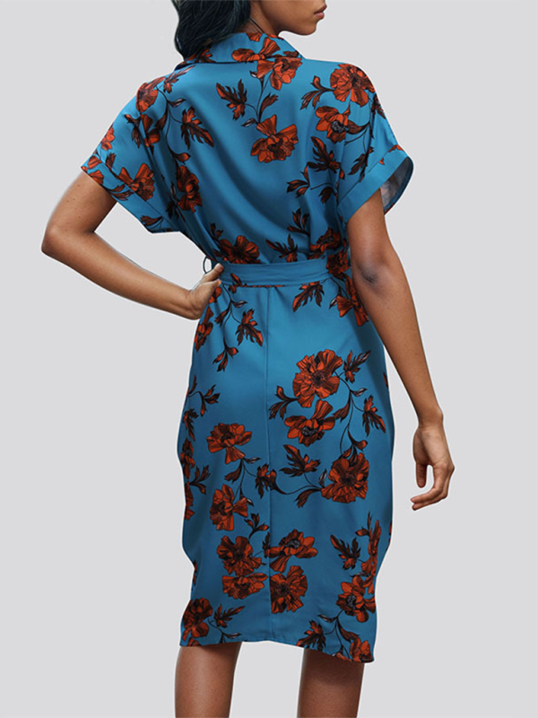 Floral Women's Sheath Midi Dress with Short Sleeves and Belt