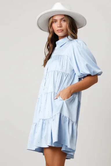 Tiered A-Line Shirt Dress with Princess Beading and Puff Sleeves