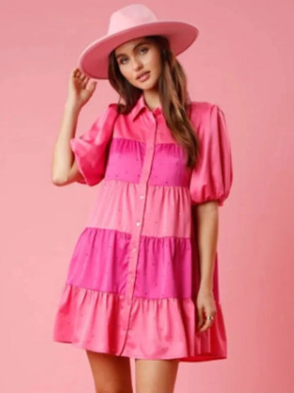 Tiered A-Line Shirt Dress with Princess Beading and Puff Sleeves