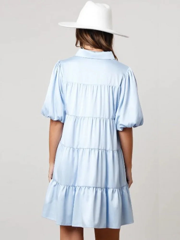 Tiered A-Line Shirt Dress with Princess Beading and Puff Sleeves