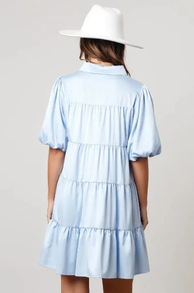 Tiered A-Line Shirt Dress with Princess Beading and Puff Sleeves