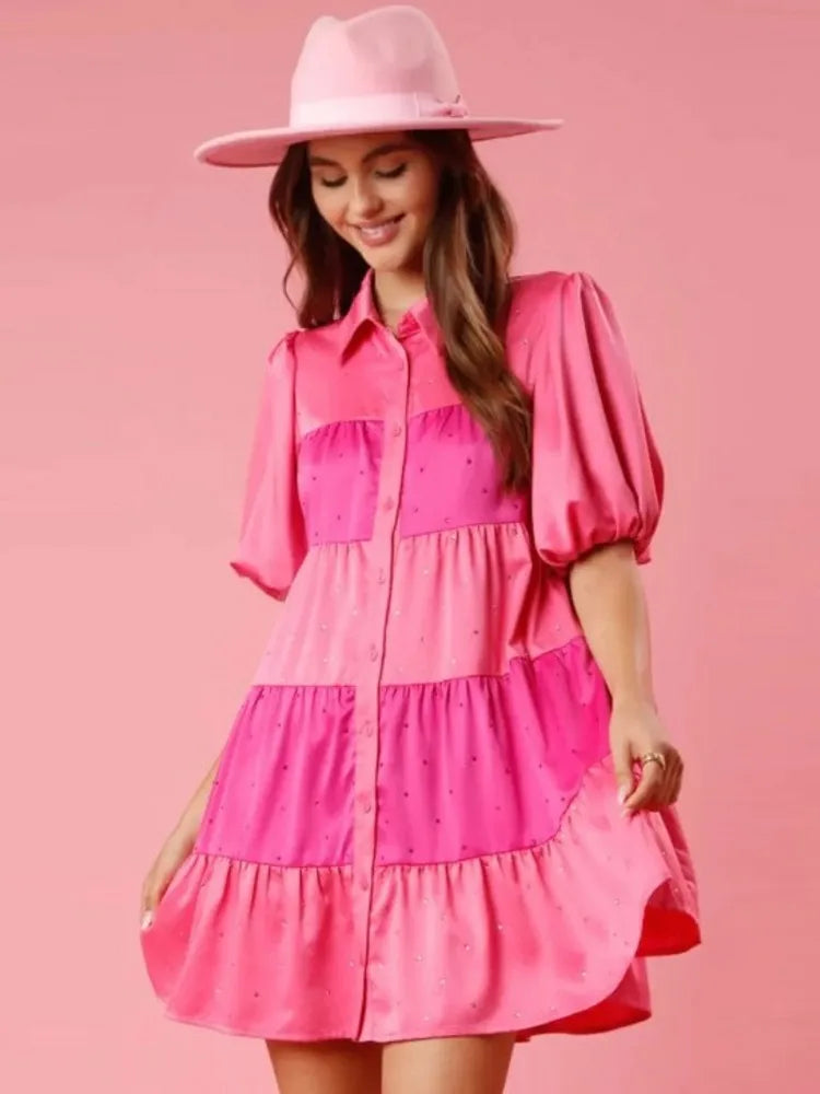 Tiered A-Line Shirt Dress with Princess Beading and Puff Sleeves