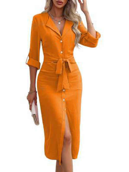 Shirt Dresses - Solid Roll-Up Sleeve Midi Dress from Business Networking