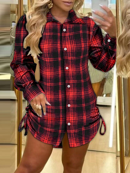 Shirt Dresses - Tailored Fit Drawstring Side Plaid Dress