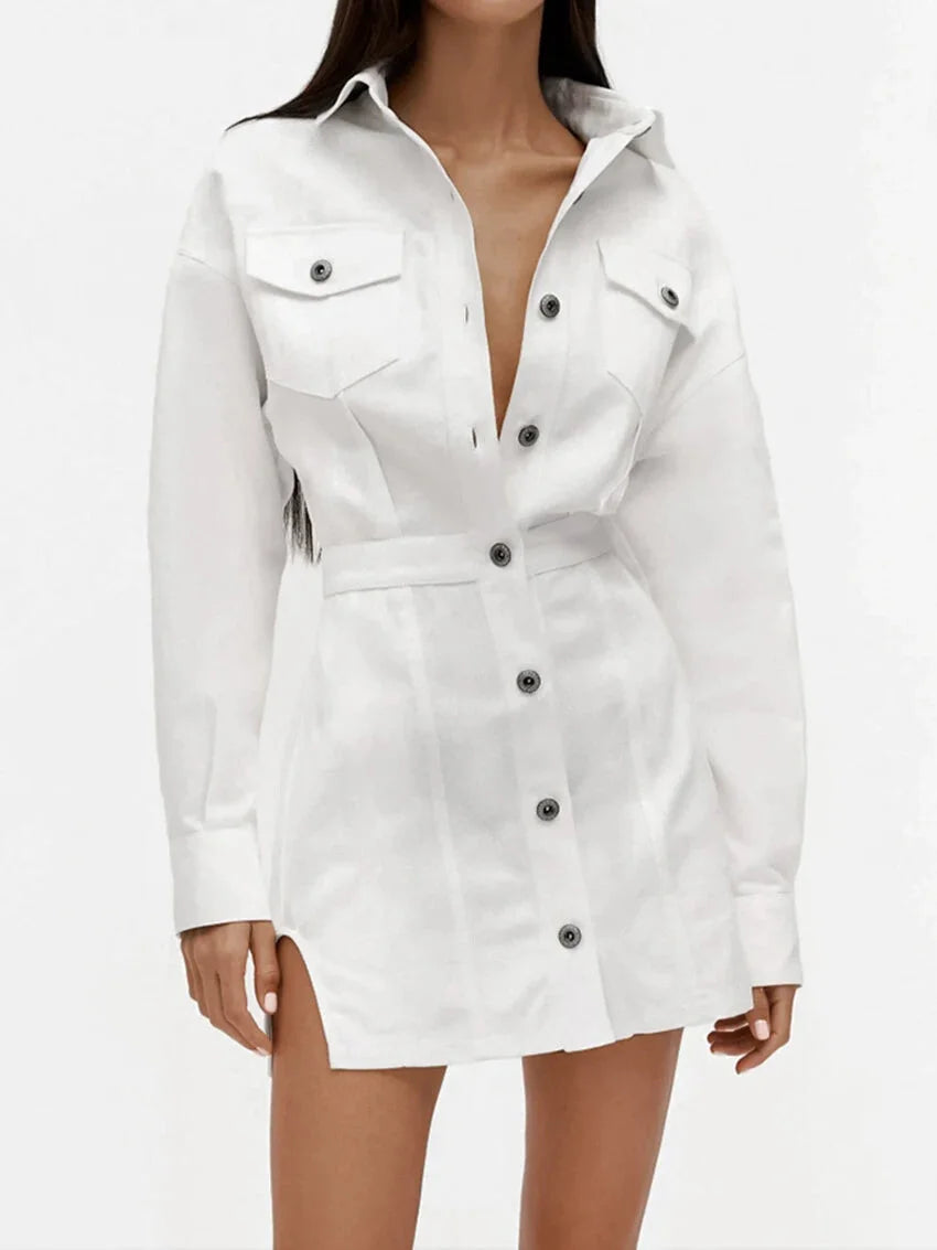 Shirt Dresses - Tailored White Cotton Shirt Dress for Women