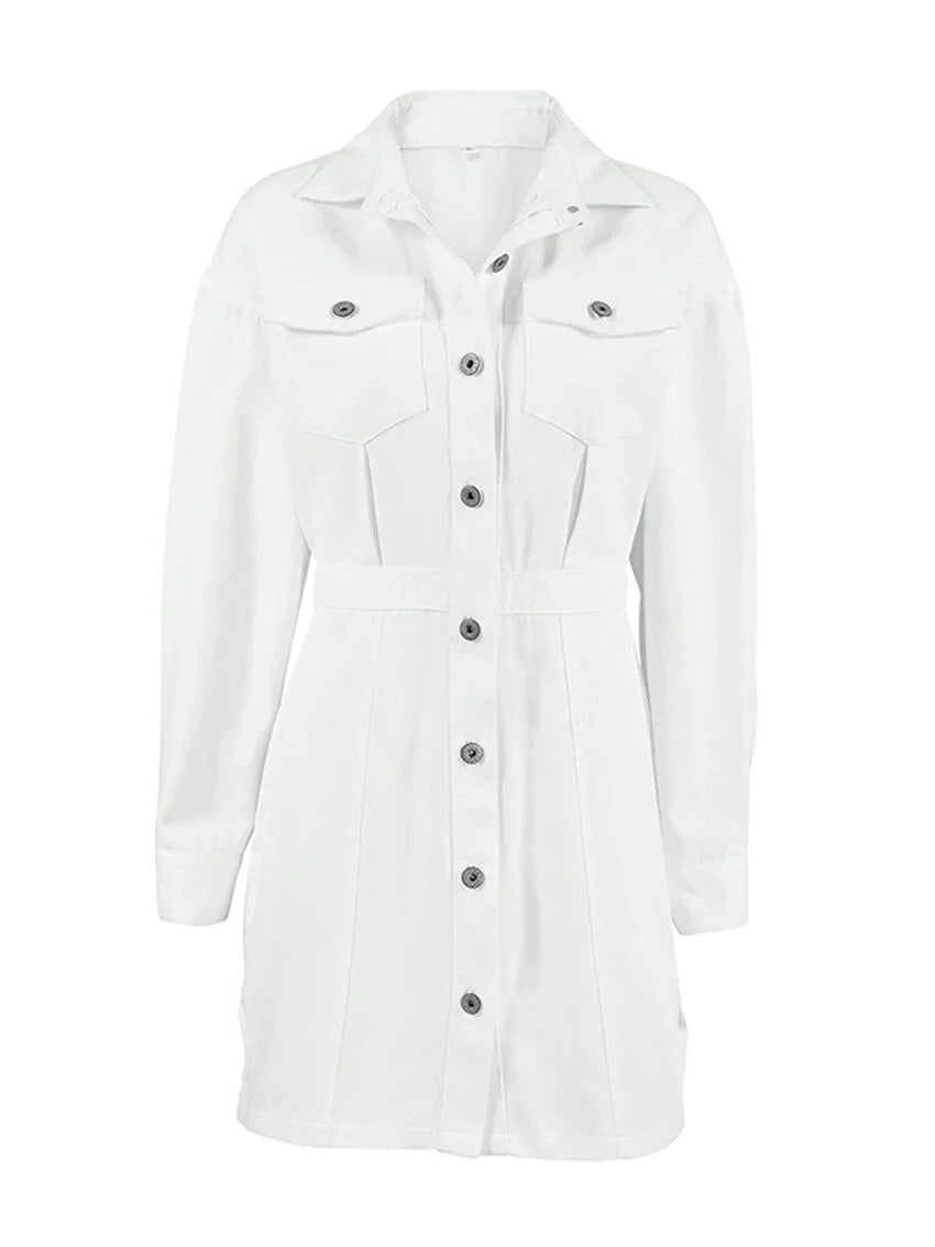 Shirt Dresses - Tailored White Cotton Shirt Dress for Women