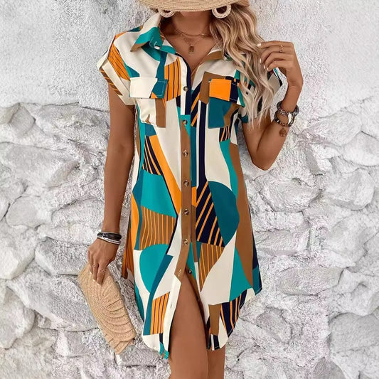 Shirt Dresses - Vibrant Geometric Print Casual Shirt Dress – Perfect for Any Occasion