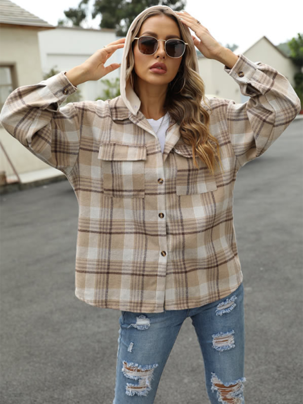 Shirt Jackets- Plaid Shacket for Urban Adventures - Hooded Shirt Jacket- - Pekosa Women Fashion