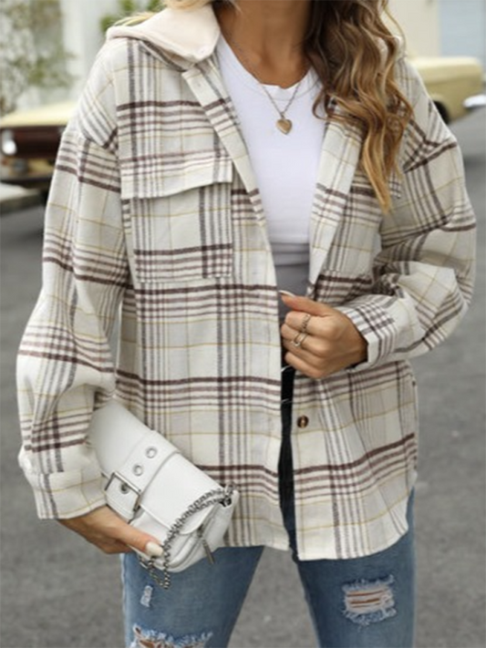 Shirt Jackets- Plaid Shacket for Urban Adventures - Hooded Shirt Jacket- White- Pekosa Women Fashion