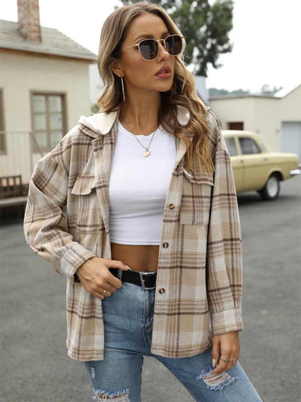 Shirt Jackets- Plaid Shacket for Urban Adventures - Hooded Shirt Jacket- Cream- Pekosa Women Fashion