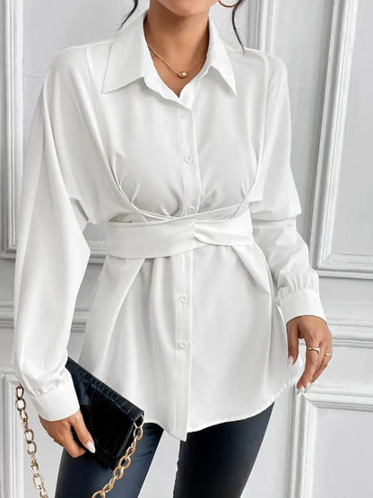 Shirts - Belted Peplum Business Shirt with Long Sleeves